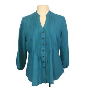 Van Heusen Studio Womens Teal Blue Linen Blend Peasant Top, Shirt, Pintucks L
